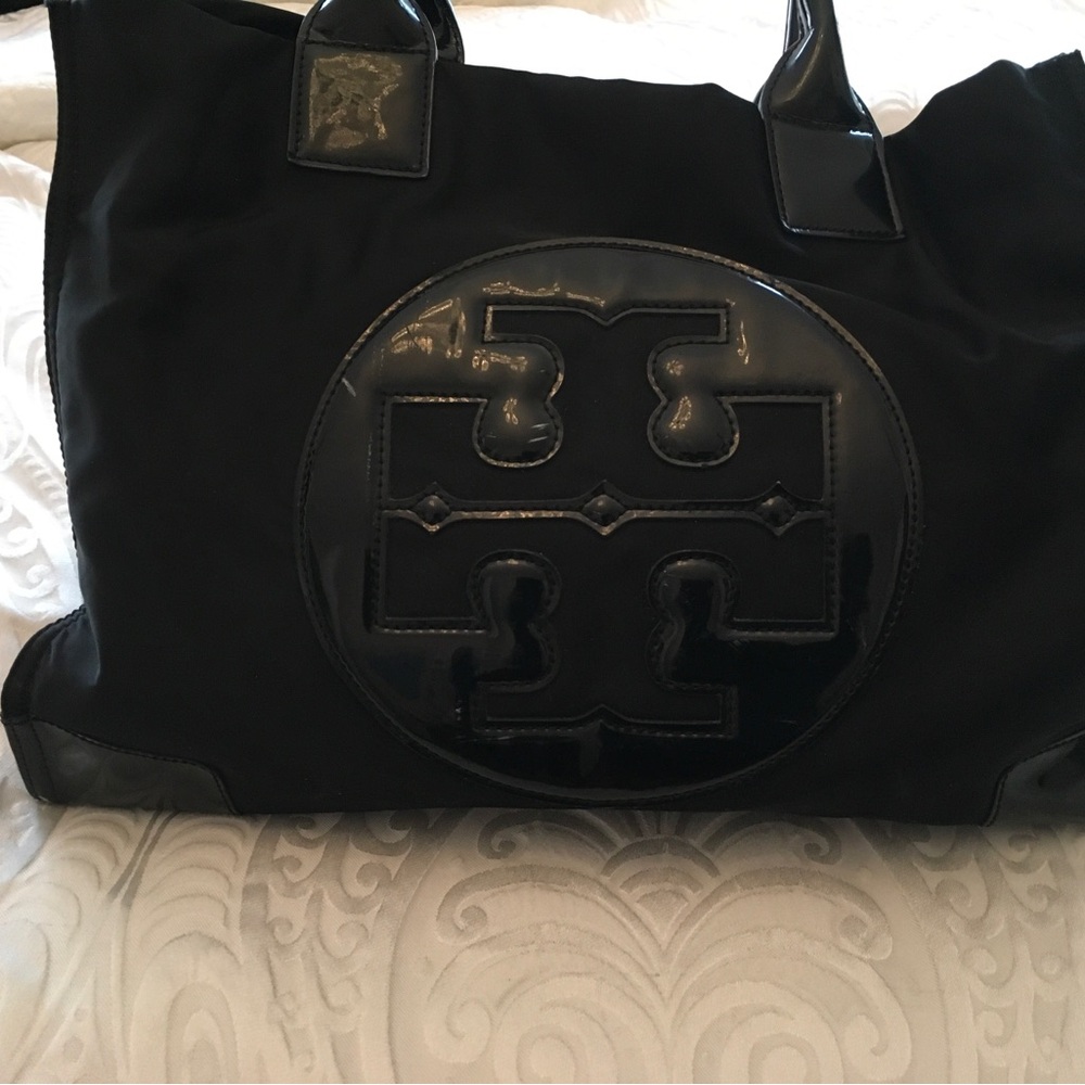 Tory Burch Black Logo Nylon Tote with Patent Trim